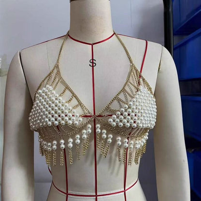 Halter tassels beaded metal chain hollow out cut out top