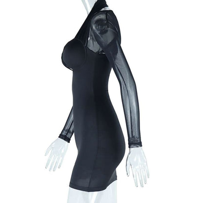 Halter long sleeve mesh patchwork beaded mini dress