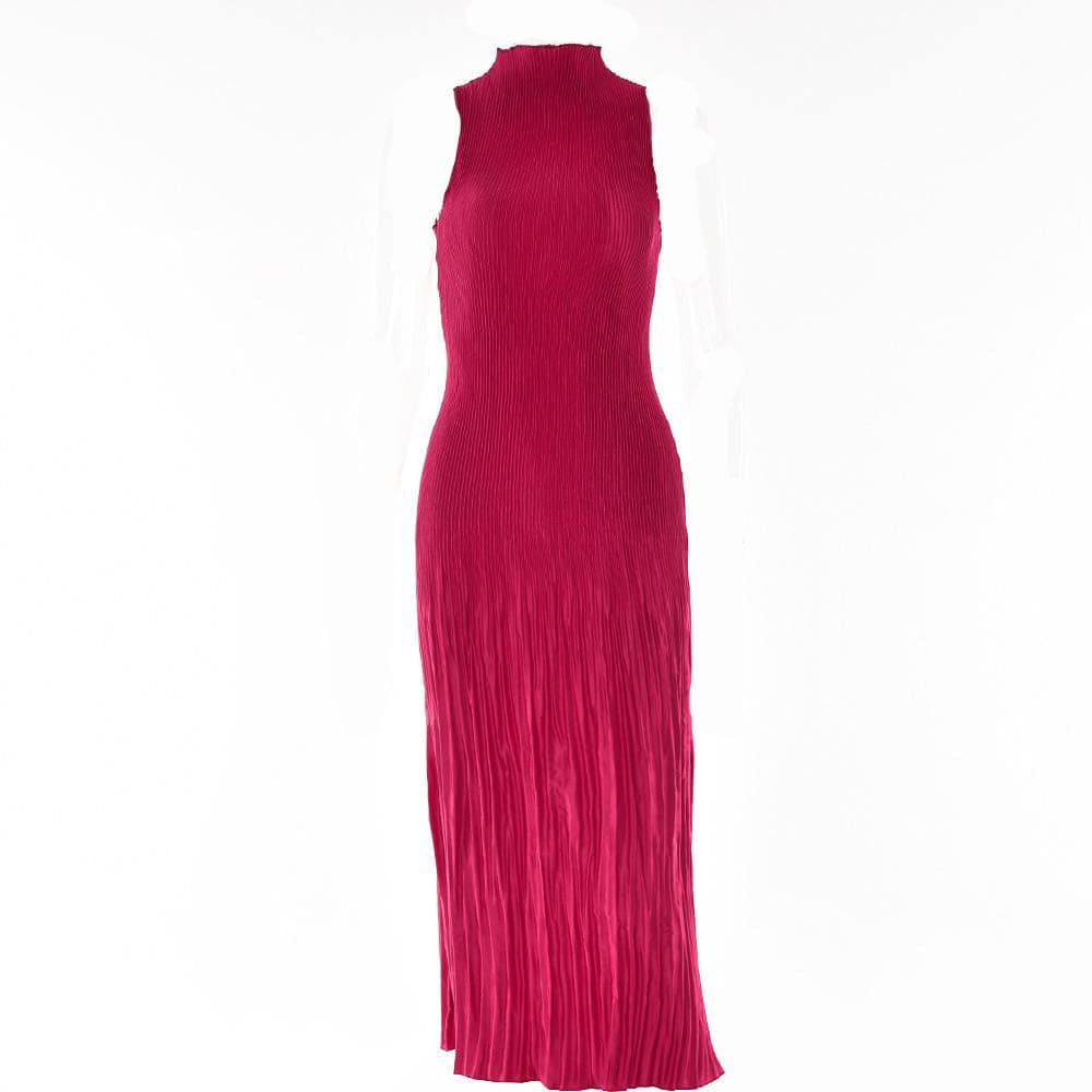 Plisse Pleated Mock Neck Sleeveless Bodycon Midi Dress