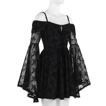 Long flared sleeve off shoulder cross applique mini dress