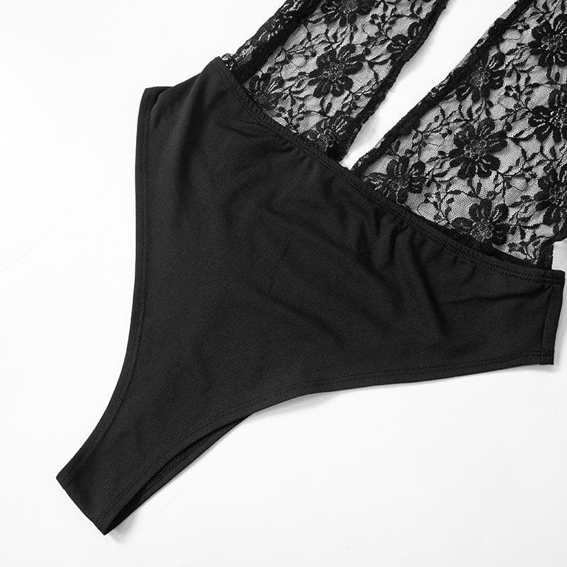 Halter deep v neck see through lace pant set