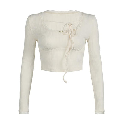 U neck long sleeve lace hem self tie crop top