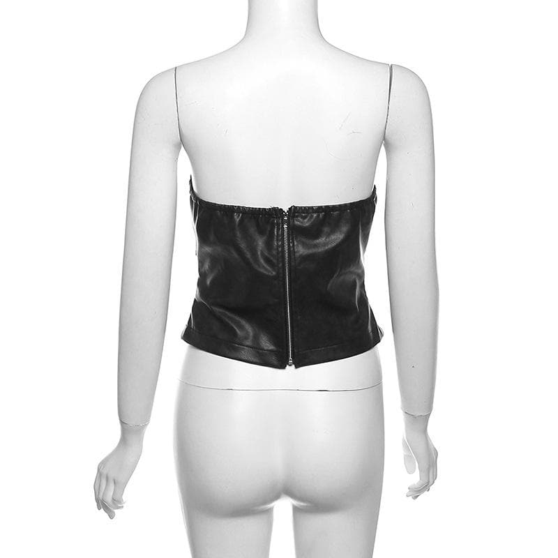 Buckle PU leather zip-up backless tube crop top