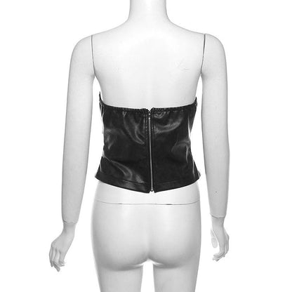 Buckle PU leather zip-up backless tube crop top
