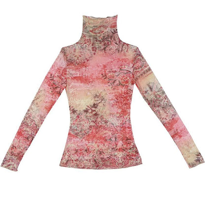 High neck long sleeve print ruffle contrast top