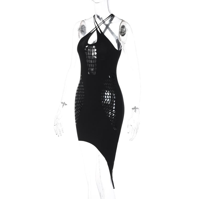 Halter Cross Front Ladder Cutout Irregular Hem Bodycon Mini Dress