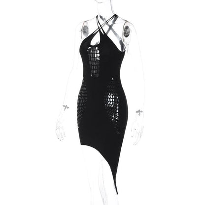 Halter Cross Front Ladder Cutout Irregular Hem Bodycon Mini Dress