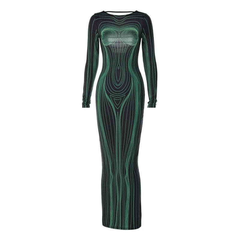 Long sleeve round neck contrast abstract body print maxi dress