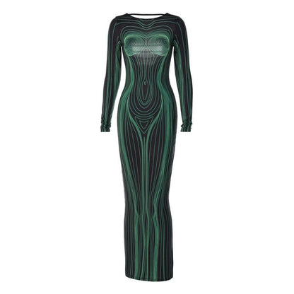 Long sleeve round neck contrast abstract body print maxi dress