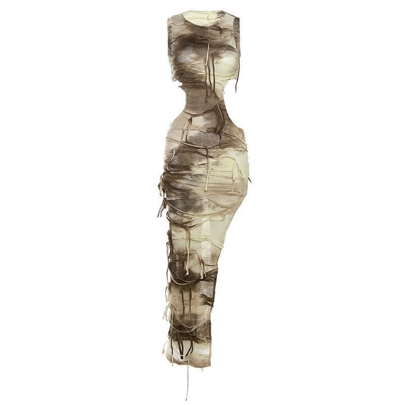 Tie Dye Shredded Side Cutout High Slit Sleeveless Maxi Dress