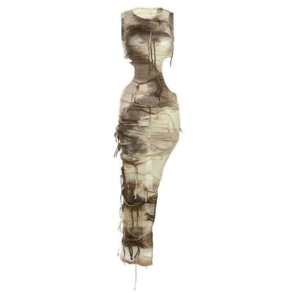 Tie Dye Shredded Side Cutout High Slit Sleeveless Maxi Dress
