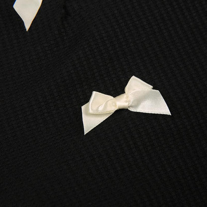 Bowknot long sleeve hollow out lace up contrast cut out top