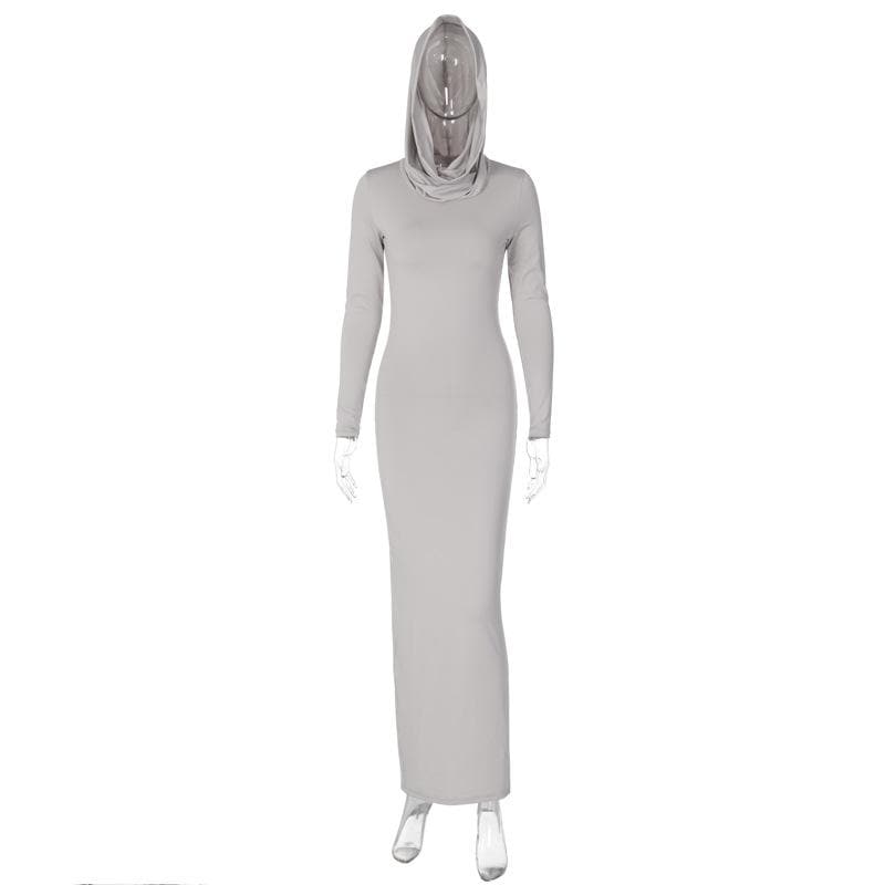 Hooded Long Sleeve Cowl Neck Side Slit Bodycon Maxi Dress