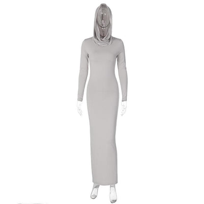 Hooded Long Sleeve Cowl Neck Side Slit Bodycon Maxi Dress