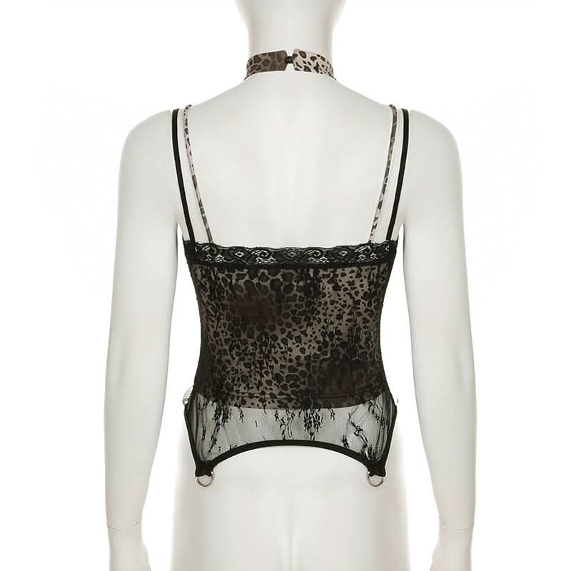 Lace hem v neck leopard print backless cami top