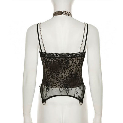 Lace hem v neck leopard print backless cami top