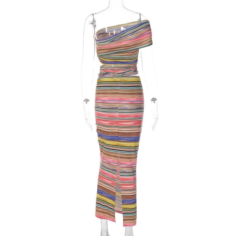 One shoulder contrast striped hollow out slit cut out maxi dress