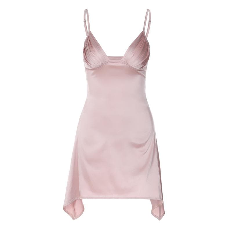 Ruched Bust Deep V Neck Spaghetti Strap Backless Mini Dress