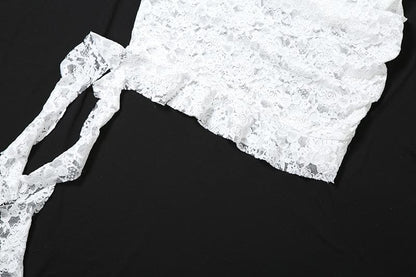 Lace see through one shoulder ruffle knotted ruched mini dress