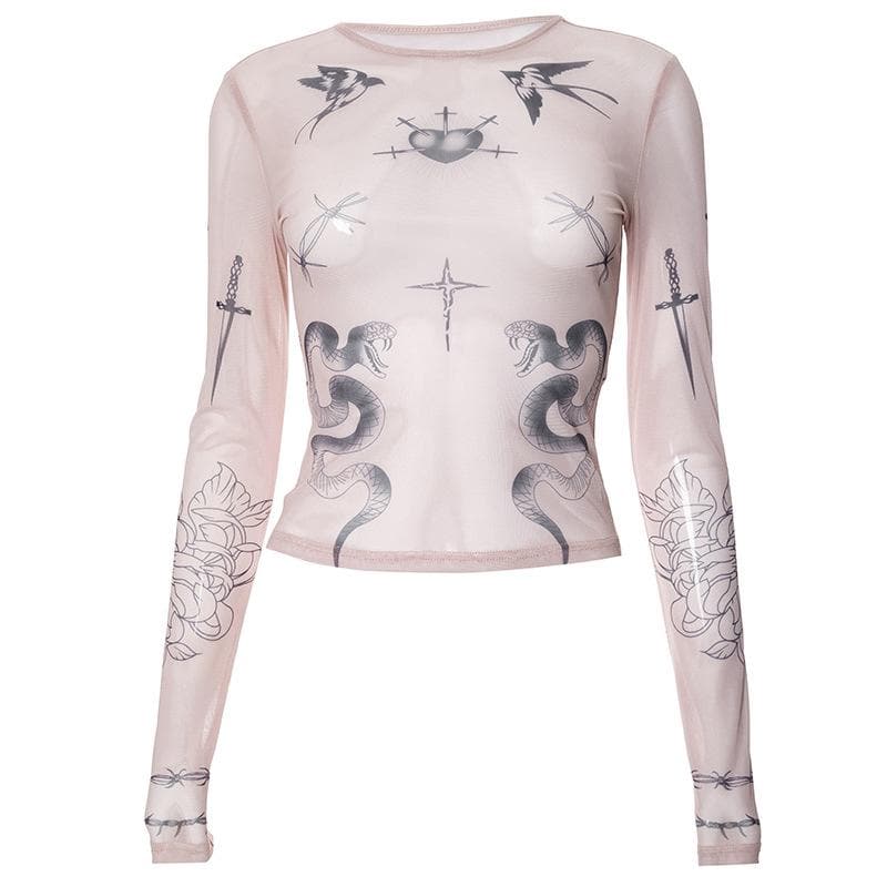 Long sleeve angel print sheer mesh crewneck top