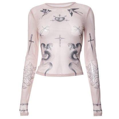 Long sleeve angel print sheer mesh crewneck top