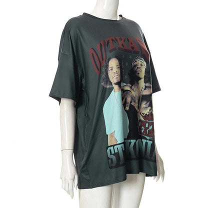 Contrast print short sleeve crewneck T-shirt top