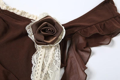 Flower applique lace hem mesh irregular cami top