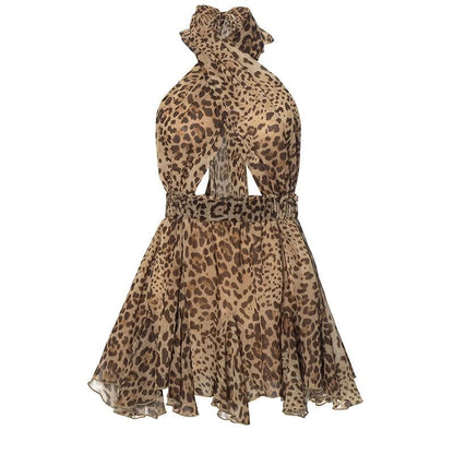 Halter cross front leopard print ruffle mini dress