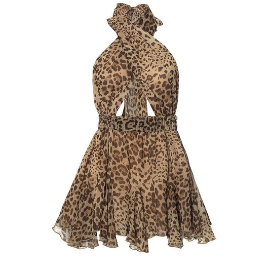 Halter cross front leopard print ruffle mini dress