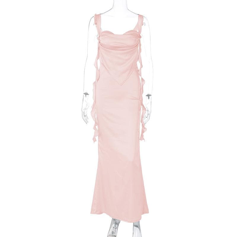 Cowl neck satin backless ruffle cami maxi dress