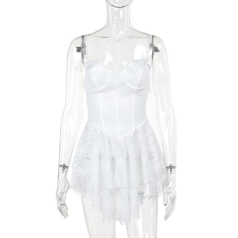 Ruffle bustier bowknot mesh lace up backless cami mini dress