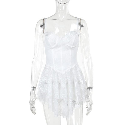 Ruffle bustier bowknot mesh lace up backless cami mini dress