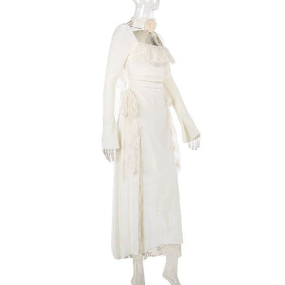 Long sleeve slit square neck lace ruched maxi dress