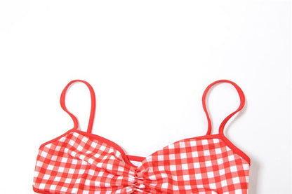 Plaid sweetheart neck ruched mesh 2 piece cami top