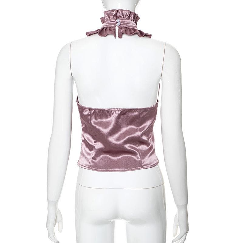 Halter ruffle ruched satin backless top
