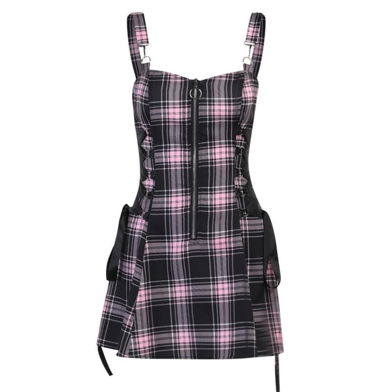 Plaid Print Lace Up Side Tie Spaghetti Strap Mini Dress