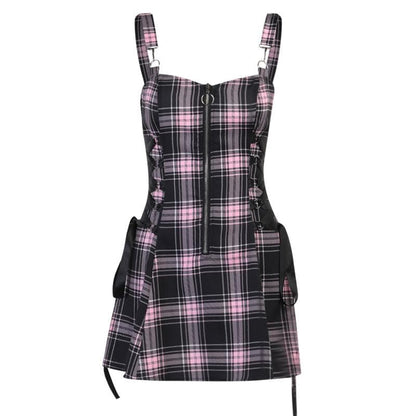 Plaid Print Lace Up Side Tie Spaghetti Strap Mini Dress
