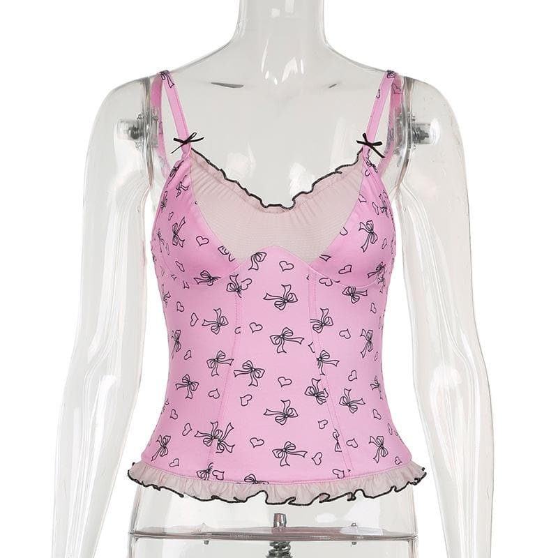 Ruffle bowknot print cami top