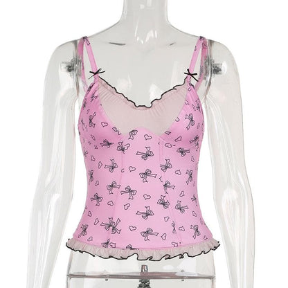 Ruffle bowknot print cami top