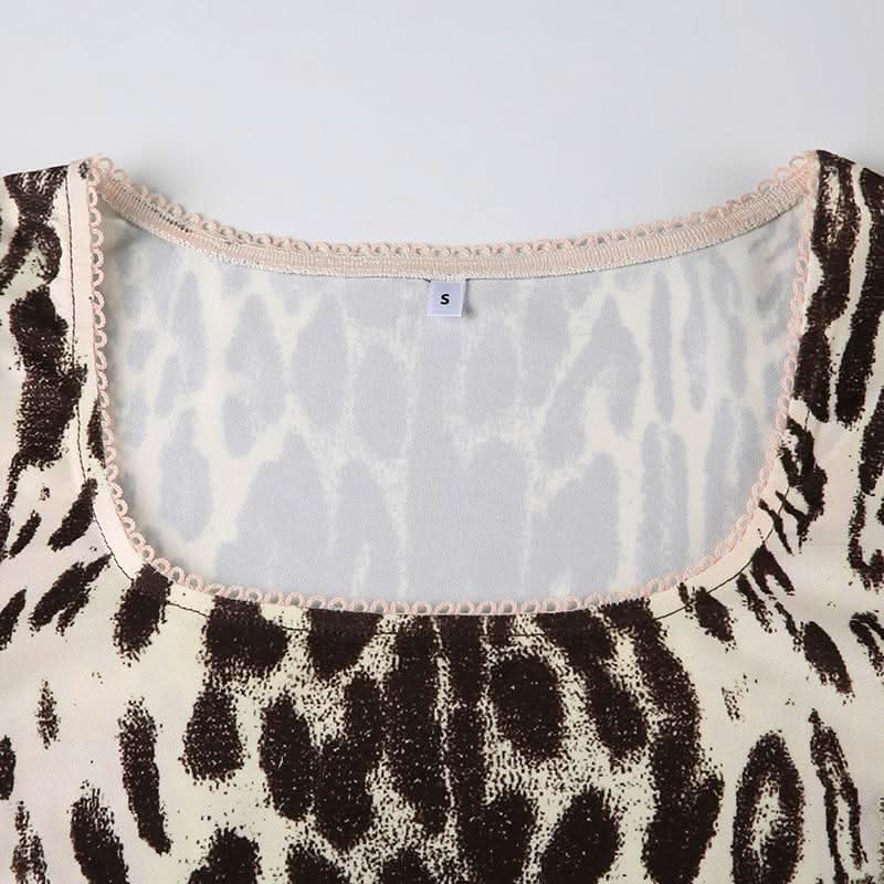 Leopard print long sleeve u neck lace hem top