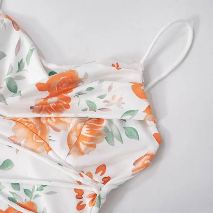 Self tie flower print backless spaghetti strap maxi dress