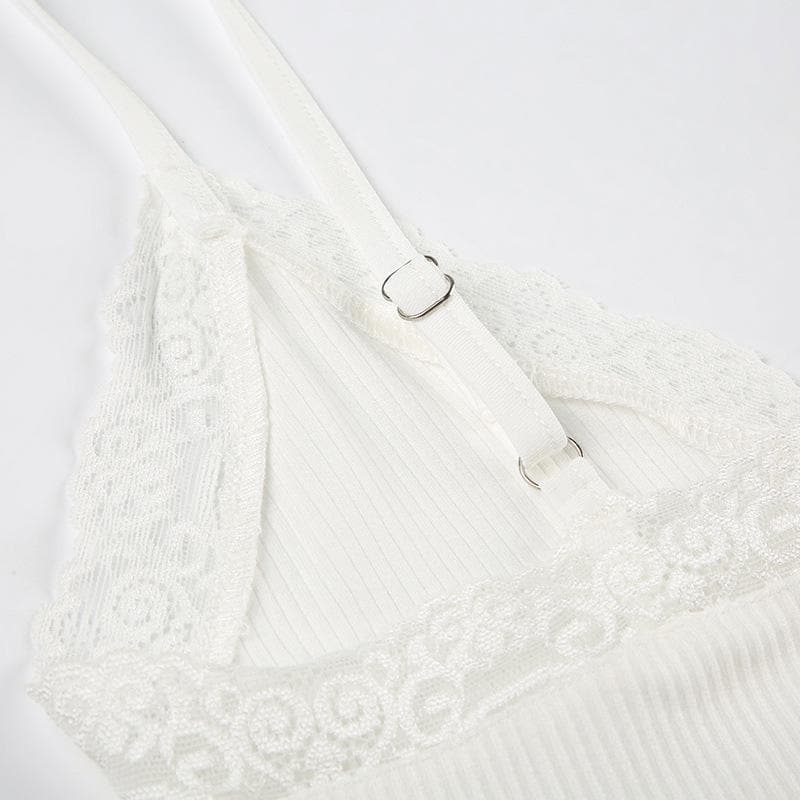 Lace hem button ribbed v neck cami bodysuit