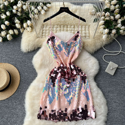Glitter v neck spaghetti strap zip-up backless mini dress