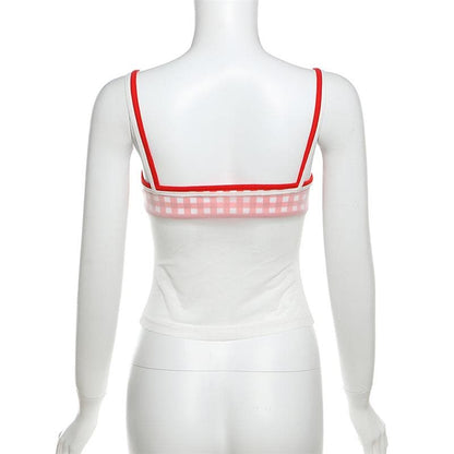 Plaid sweetheart neck ruched mesh 2 piece cami top