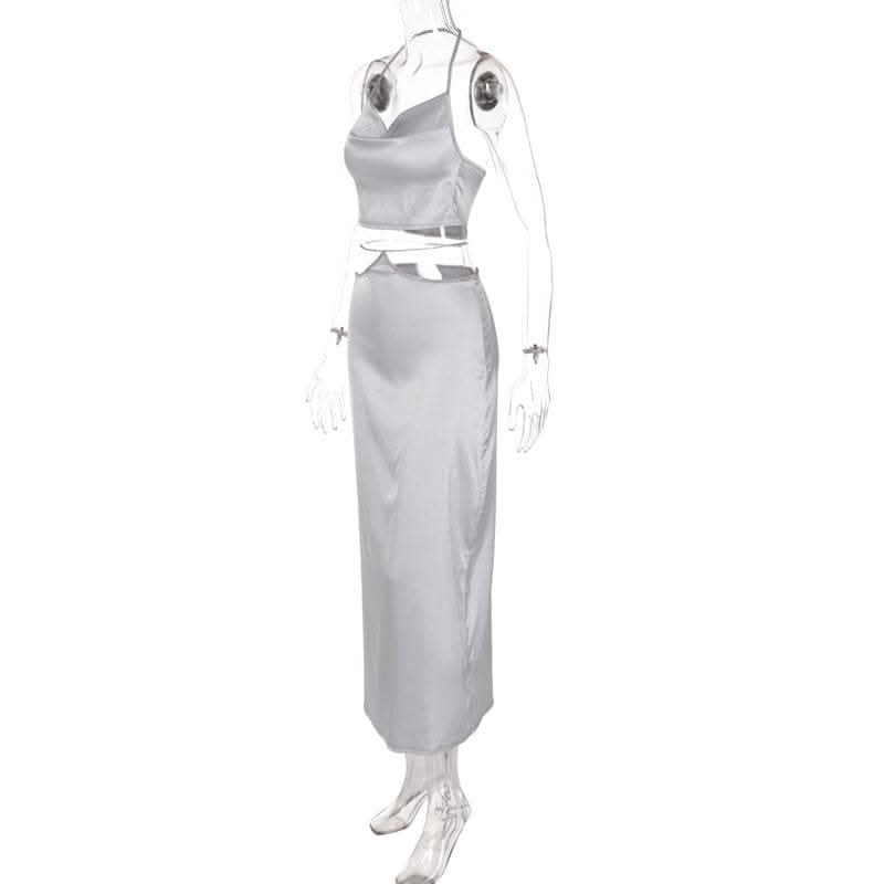 Cowl neck zip-up metal chain satin halter maxi skirt set-final-sale