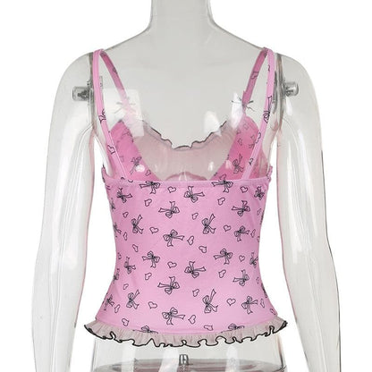 Ruffle bowknot print cami top