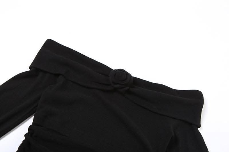 Flower applique off shoulder long flared sleeve slit mini dress-final-sale