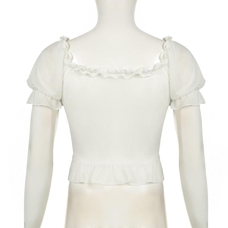 Short puff sleeve ruffle ruched knotted crop top