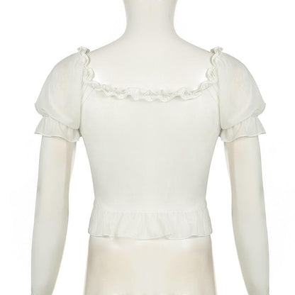 Short puff sleeve ruffle ruched knotted crop top
