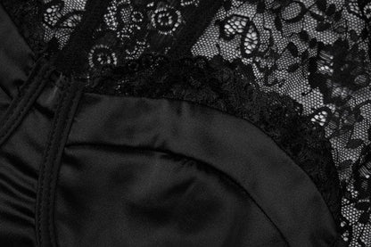 Long sleeve lace zip-up solid backless bustier patchwork top